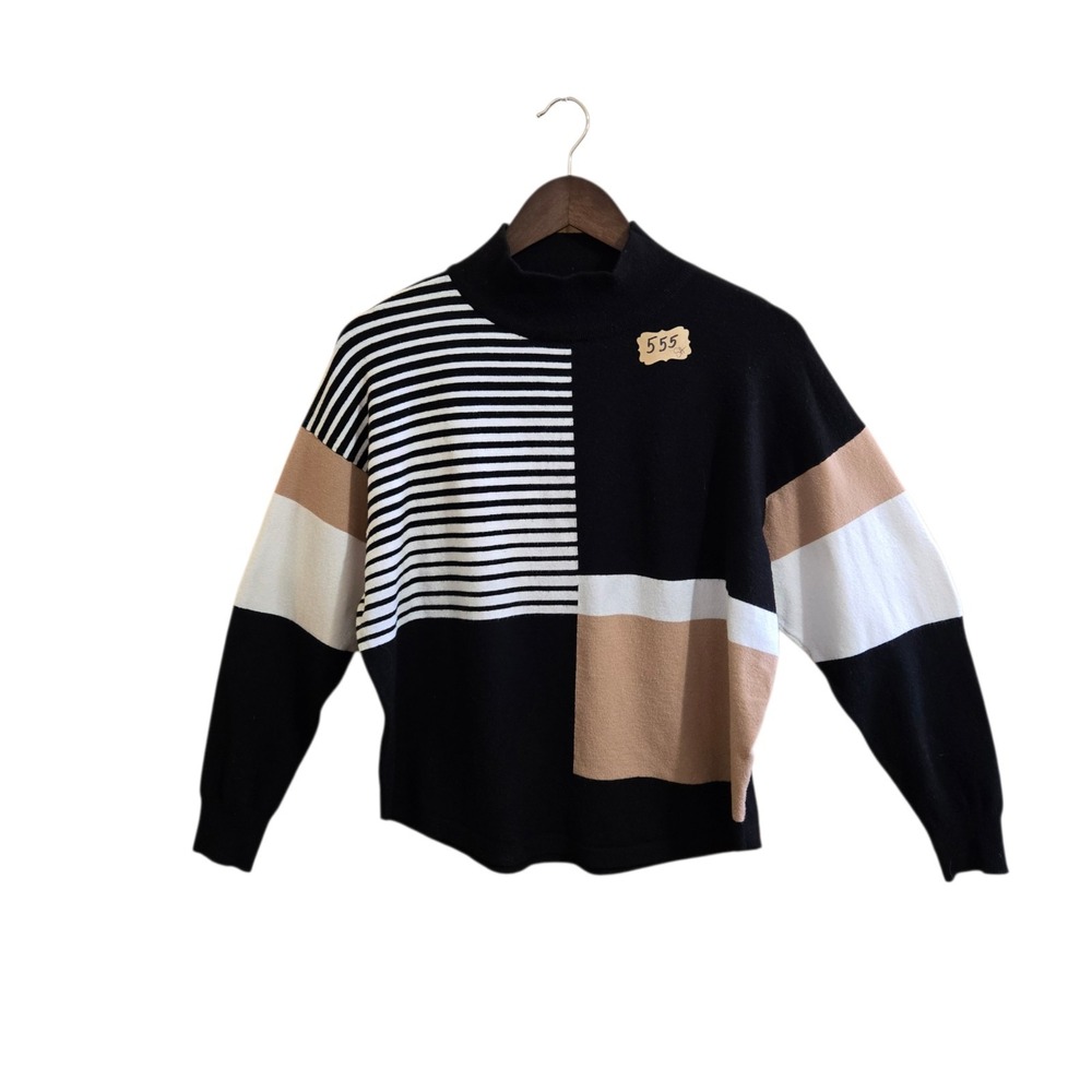 Women's‎ Pullover Sweater SZ M Black White Brown Stripe Longsleeve